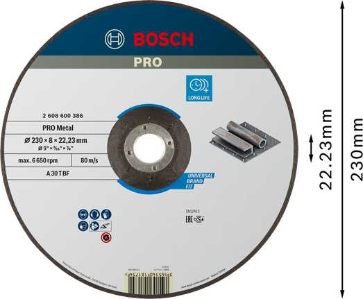 Шлифовальный диск Bosch PRO с металлическим связующим, 230 x 8 x 22,23 мм.