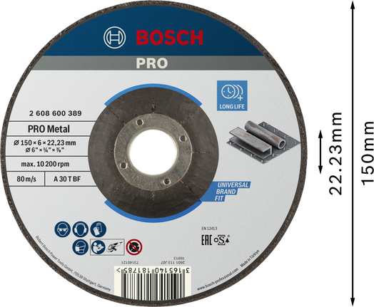 Шлифовальный диск Bosch PRO с металлическим связующим, 150 x 6 x 22,23 мм.