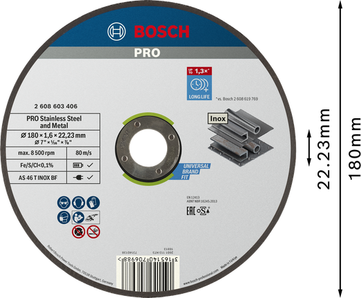 Диск для резки нержавеющей стали и металла Bosch PRO, 180 мм.