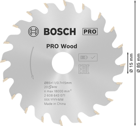Пильный диск Bosch PRO для циркулярной пилы по дереву диаметром 85 мм для точной распиловки древесины.