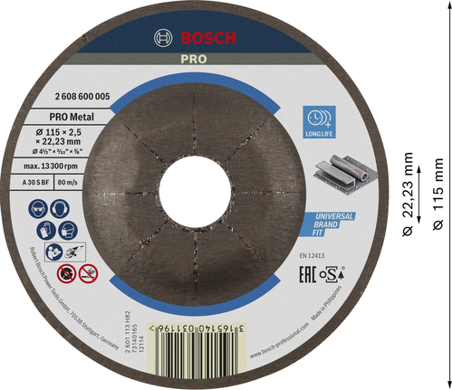 Отрезной диск Bosch PRO с металлическим креплением, 115x2,5x22,23 мм.