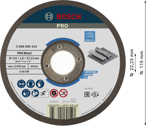 Отрезной диск Bosch PRO с металлическим креплением, 115x1,6x22,23 мм.