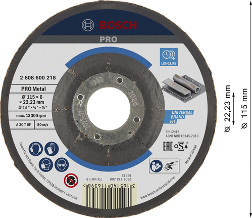Шлифовальный диск Bosch PRO с металлическим связующим, 115x6x22,23 мм.