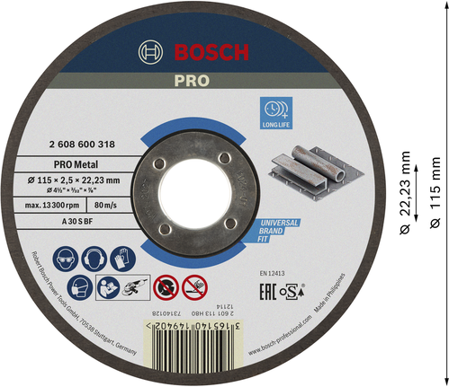 Отрезной диск Bosch PRO с металлическим покрытием, 115 x 2,5 x 22,23 мм.