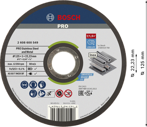 Диск для резки нержавеющей стали и металла Bosch PRO, диаметр 125 мм.