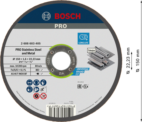 Отрезной диск Bosch PRO из нержавеющей стали и металла, диаметр 150 мм.