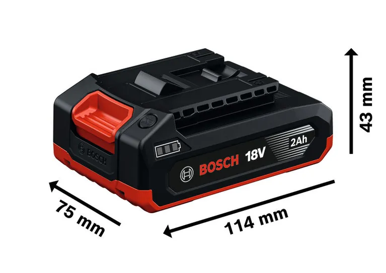 Аккумуляторная батарея Bosch GBA 18 В 2 Ач с указанием размеров.