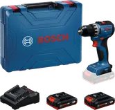Аккумуляторная дрель Bosch GSR 18V-52 в комплекте с кейсом, аккумуляторами и зарядным устройством.