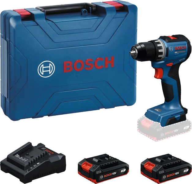 Аккумуляторная дрель Bosch GSR 18V-52 в комплекте с кейсом, аккумуляторами и зарядным устройством.