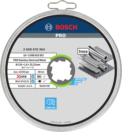قرص القطع Bosch PRO المصنوع من الفولاذ المقاوم للصدأ 125×1.6×22.23 مم مع قفل X.