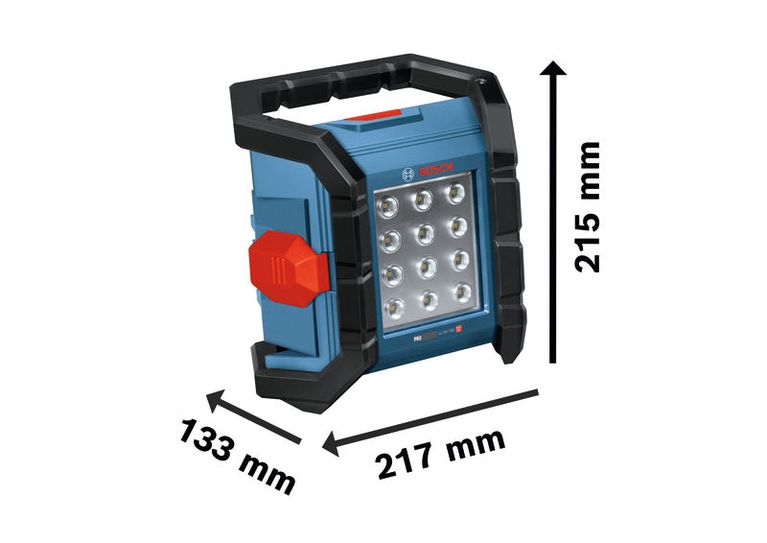 مصباح موقع العمل اللاسلكي Bosch GLI18V-1500 مع الأبعاد.