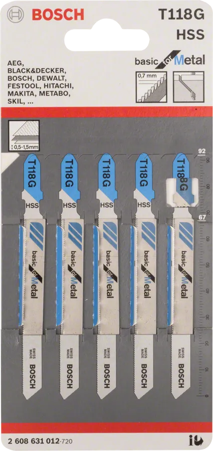 Bosch jigsaw blade T 118 G set for metal cutting.