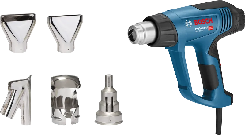 Bosch GHG 20-63 heat gun with five nozzle attachments.