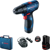 Bosch GSR 120-LI cordless drill set with battery and case.