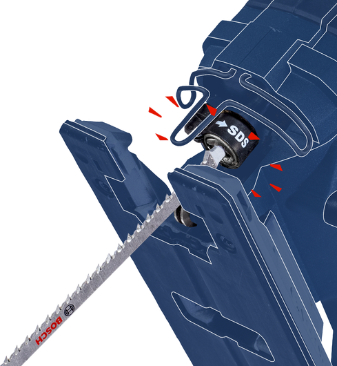 Saber saw blade being inserted into a quick-release mechanism.