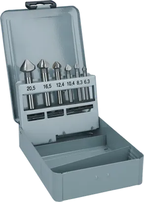 thumbnail interactive-video image 1 of 6pc HSS 90° Countersink Drill Bit Set - Sizes 6.3, 8.3, 10.4, 12.4, 16.5, 20.5mm 1 of 3