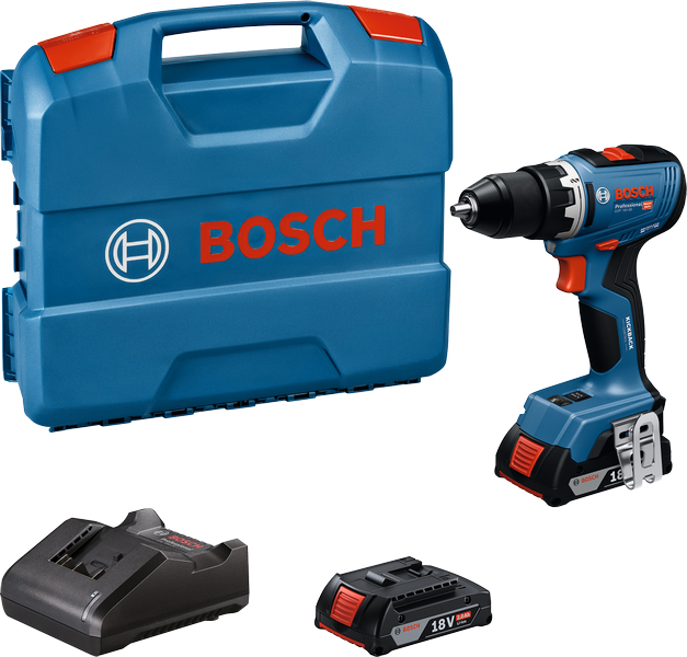 Bosch GSR 18V-65 drill set with battery and charger.