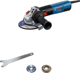 Bosch GWS 20-150 angle grinder with side handle and accessories.