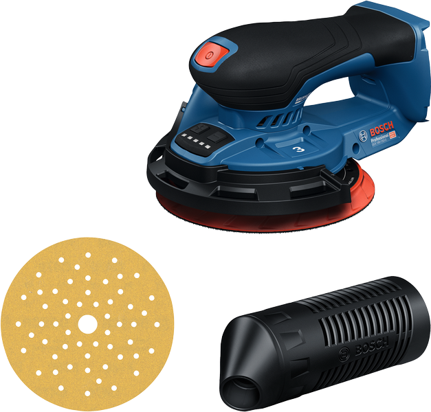 Bosch GEX 18V-150 random orbit sander with pad and dust filter.