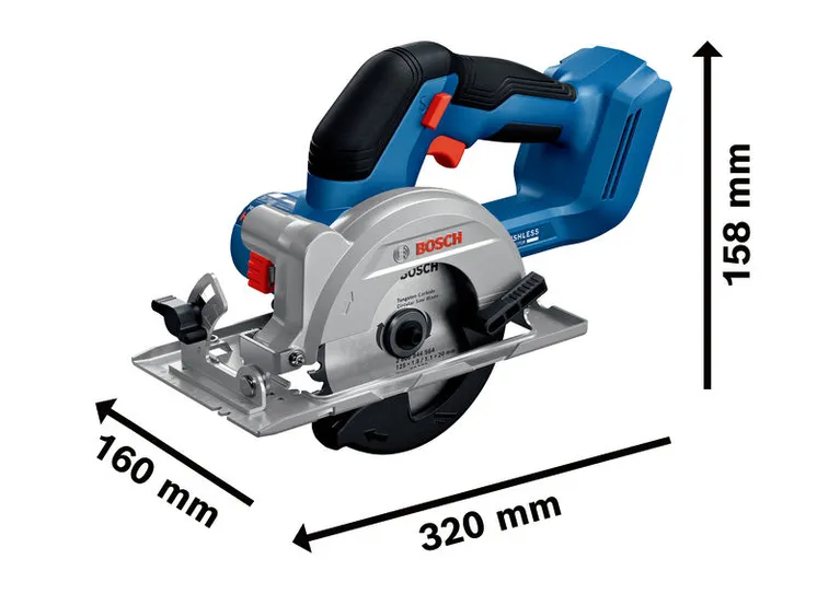 Bosch GKS 18V-44 cordless circular saw with dimensions.