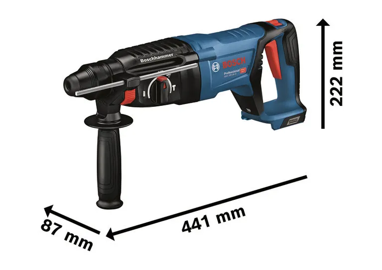 Bosch GBH 18V-26 D cordless rotary hammer with 441 mm length.