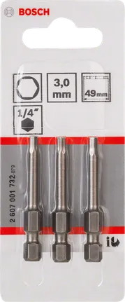 „Bosch“ 3 mm ypač kieti atsuktuvo antgaliai, 49 mm.