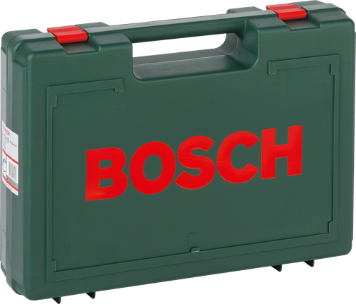 „Bosch“ plastikinis dėklas su rankena ir raudonais skląsčiais.