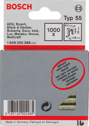 „Bosch“ siauros karūnėlės kabės, 6 mm x 26 mm, 55 tipo, padengtos derva.