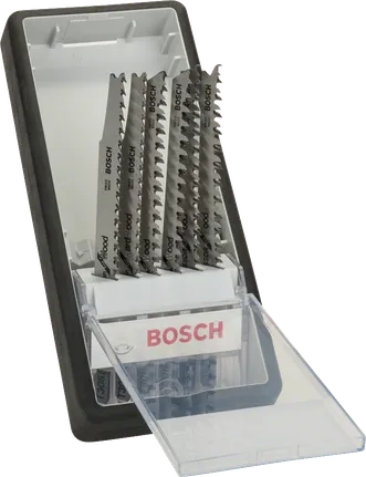 „Bosch“ 6 dalių „Robust Line Wood“ siaurapjūklio pjūklelių rinkinys dėkle.