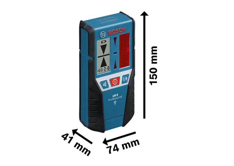 „Bosch LR 2“ lazerio imtuvas, kurio matmenys 150 x 74 x 41 mm.