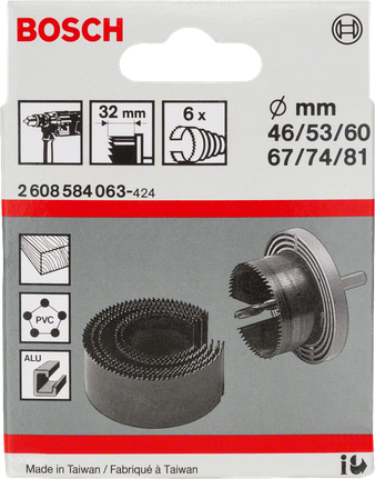 „Bosch“ 6 dalių skylių pjovimo rinkinys, 46–81 mm.