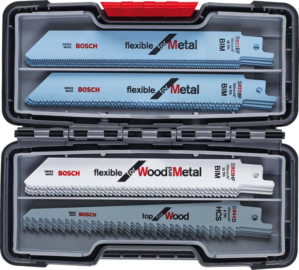 „Bosch“ 20 dalių tiesinio pjūklo diskų rinkinys medžiui ir metalui pjauti.