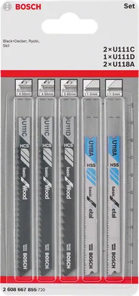 „Bosch“ 5 dalių U formos siaurapjūklio ašmenų rinkinys medienai, metalui.