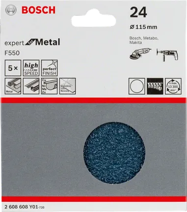 „Bosch F550“ šlifavimo lapeliai, 115 mm grūdėtumo, 24 vnt. pakuotėje.