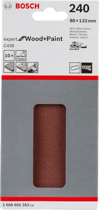 „Bosch C430“ šlifavimo lapeliai, 80 × 133 mm, 10 vnt. pakuotėje.