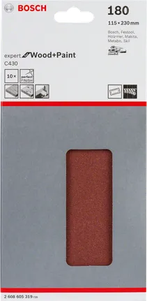 „Bosch C430“ šlifavimo lapeliai, 115 × 230 mm, 10 vnt. pakuotėje.