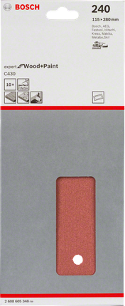 „Bosch C430“ šlifavimo lapeliai, 240 grūdėtumo, 10 vnt. pakuotėje.