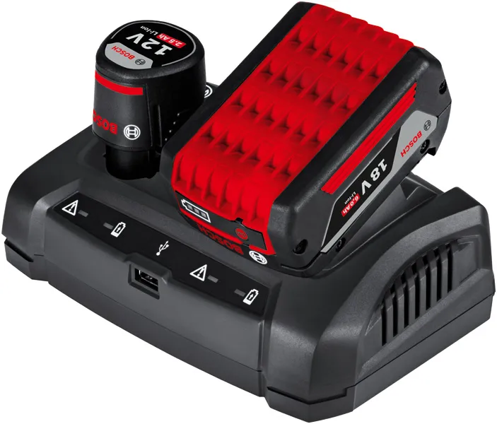 „ Bosch GAX 18V-30“ įkroviklis 12 V ir 18 V akumuliatoriams.