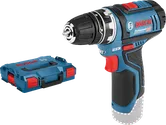 „Bosch GSR 12V-15 FC“ gręžtuvas su nešiojimo dėklu.