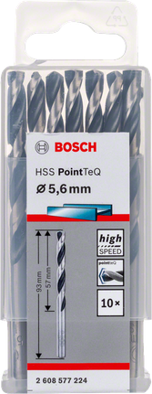 „Bosch HSS PointTeQ“ 5,6 mm spiralinių grąžtų rinkinys.