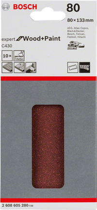 „Bosch C430“ šlifavimo popierius, 80 grūdėtumo, 80 × 133 mm pakuotė.