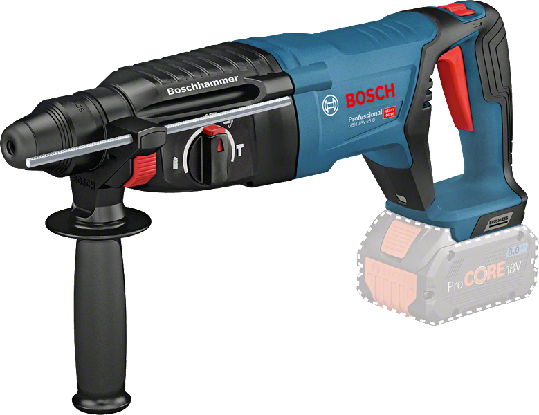„Bosch GBH 18V-26 D“ perforatorius su šonine rankena.