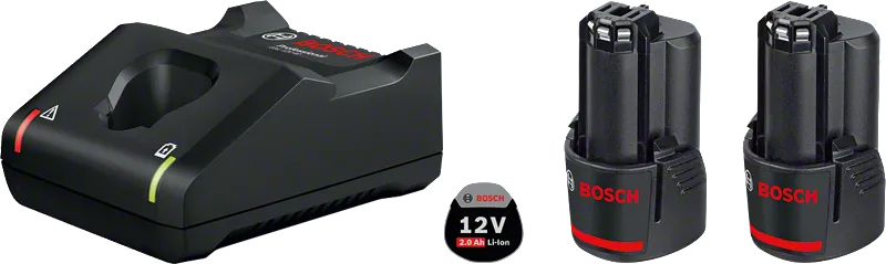 „Bosch “ 12 V starterio rinkinys su įkrovikliu ir dviem akumuliatoriais.