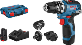 „Bosch GSR 12V-35 FC“ akumuliatorinis gręžtuvas su priedais.