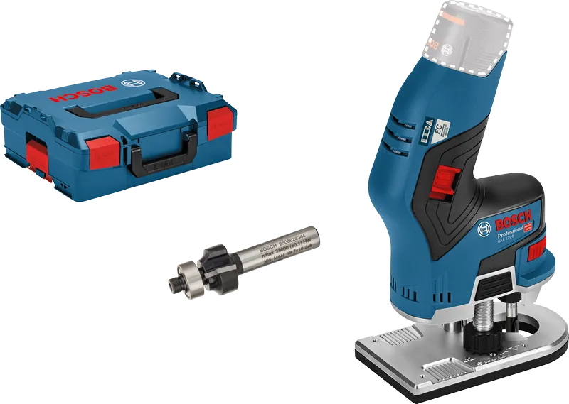 Akumuliatorinis frezavimo staklės „ Bosch GKF 12V-8“ su dėklu ir antgaliu.