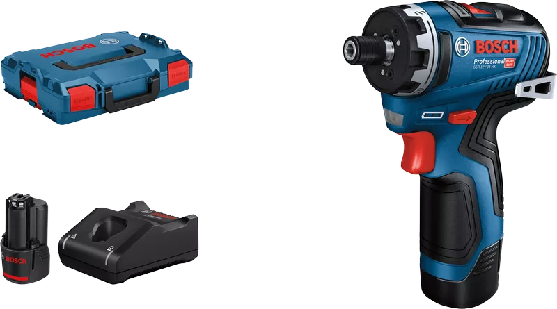 „Bosch GSR 12V-35 HX“ akumuliatorinis gręžtuvas su baterija ir dėklu.