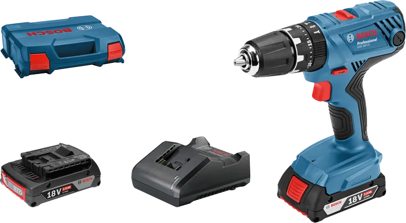 Akumuliatorinis gręžtuvas „ Bosch GSB 18V-21“ su akumuliatoriumi ir įkrovikliu.