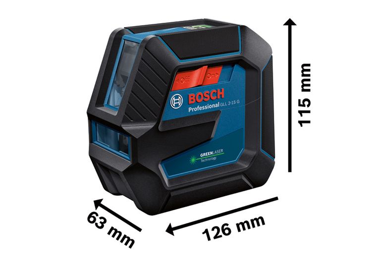 „Bosch GLL 2-15 G“ lazerinis niveliavimo įrankis, kurio matmenys 115x126x63 mm.