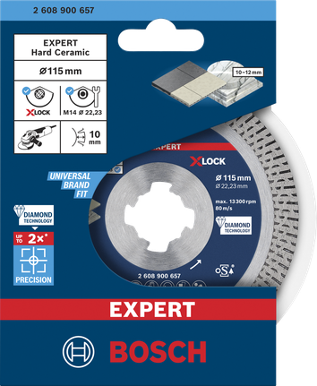„Bosch EXPERT HardCeramic X-LOCK“ deimantinis pjovimo diskas 115 × 22,23 × 1,4 × 10 mm.
