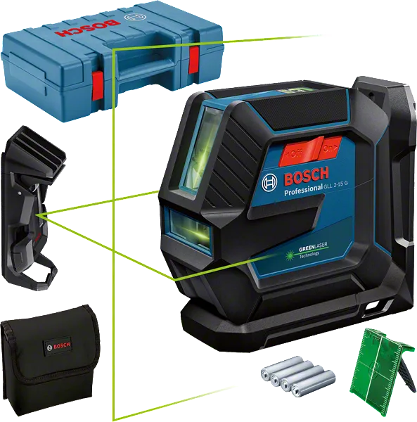 „ Bosch GLL 2-15 G“ lazerinis niveliavimo įrankis su žaliu lazeriu.